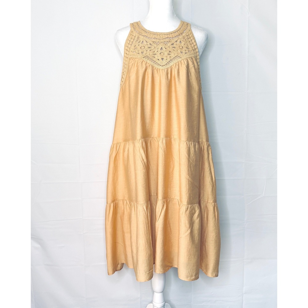 BTFBM Dress Crochet Lace Boho Babydoll XL Cottagecore Yellow Womens Summer